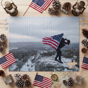 Patriotic Hiker Waving American Flag Jigsaw Puzzle