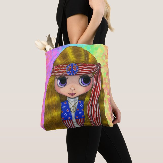 Patriotic Hippie Chick Big Eye Girl Doll Tote Bag (Close Up)