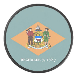 Patriotic hockey puck with flag of Delaware