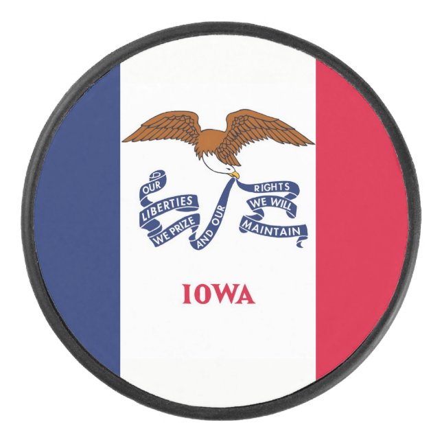 Patriotic hockey puck with flag of Iowa (Front)