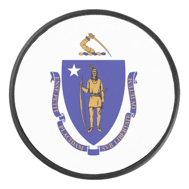 Patriotic hockey puck with flag of Massachusetts (Front)