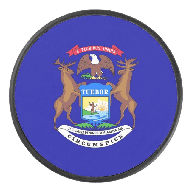 Patriotic hockey puck with flag of Michigan (Front)