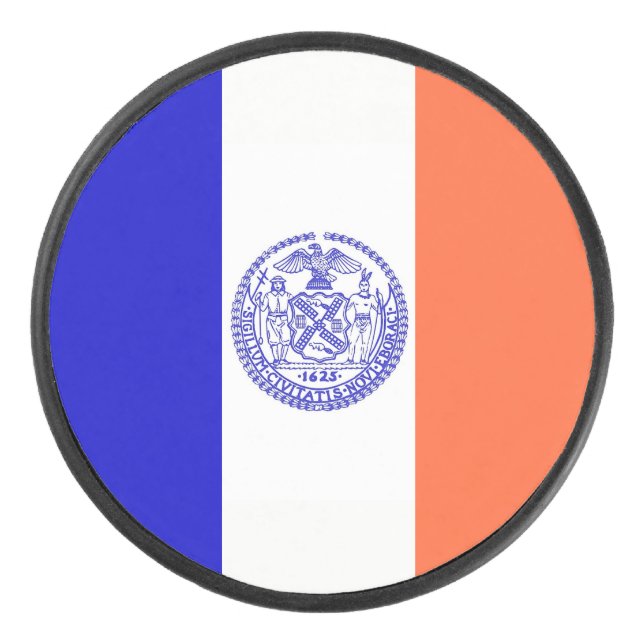 Patriotic hockey puck with flag of New York City (Front)