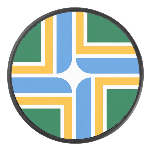 Patriotic hockey puck with flag of Portland City. (Front)