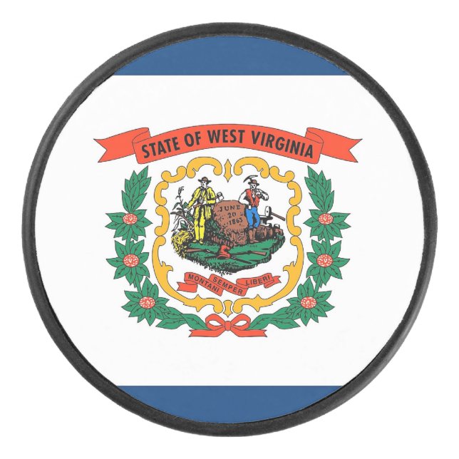 Patriotic hockey puck with flag of West Virginia (Front)