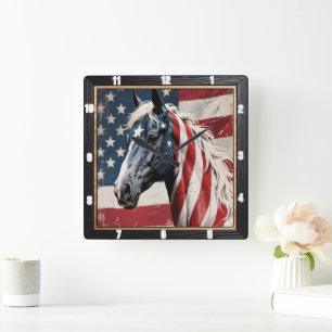 Patriotic Horse American Flag Square Wall Clock