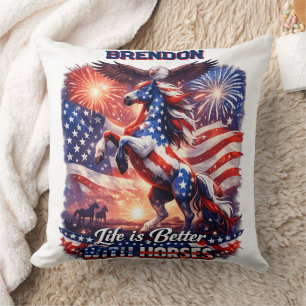 Patriotic Horse American Flag Sunset Equestrian  Cushion