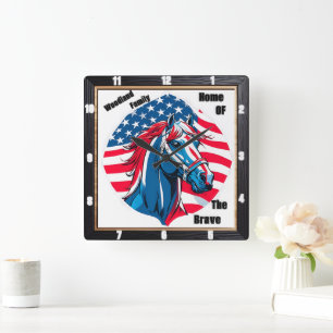 Patriotic Horse Family American Flag Square Wall Clock