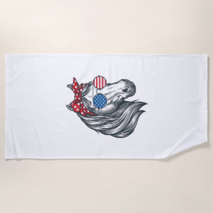 Patriotic Horse With Flag Sunglasses Vintage Vecto Beach Towel