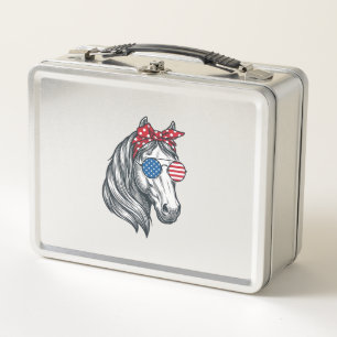 Patriotic Horse With Flag Sunglasses Vintage Vecto Metal Lunch Box