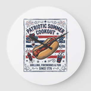 Patriotic Hot Dog Vintage Cookout Large Clock