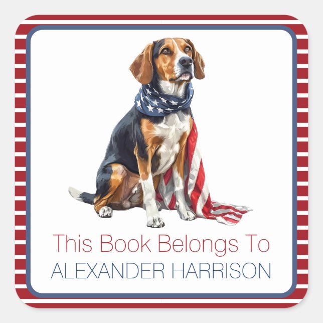 Patriotic Hound Dog Personalised Bookplate Square Sticker (Front)