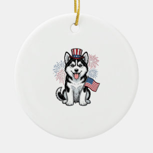 Patriotic Husky Puppy Vintage Engraving Shirt Desi Ceramic Tree Decoration