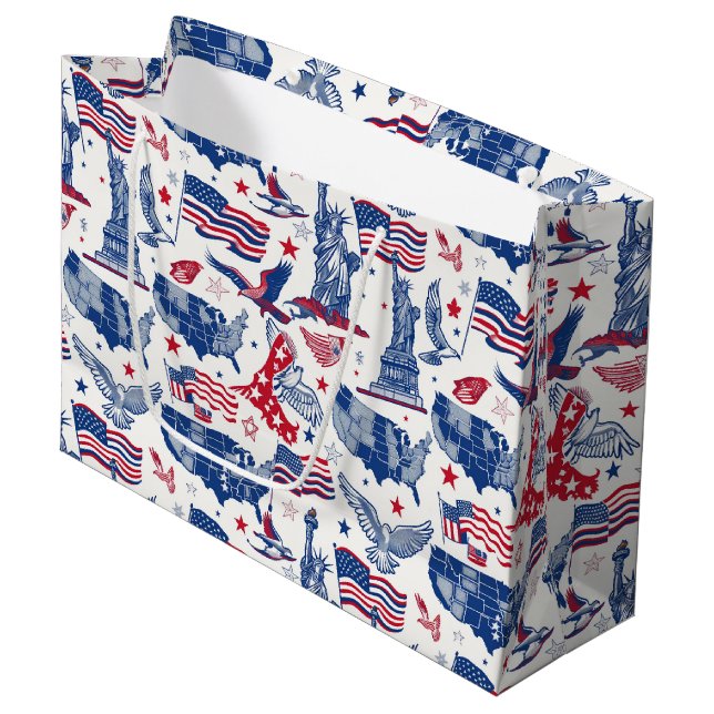 Patriotic Icons Pattern – Statue of Liberty, Flag Large Gift Bag (Front Angled)