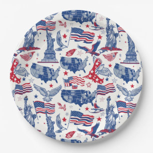 Patriotic Icons Pattern – Statue of Liberty, Flag Paper Plate