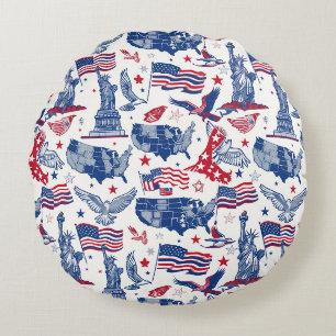 Patriotic Icons Pattern – Statue of Liberty, Flag Round Cushion
