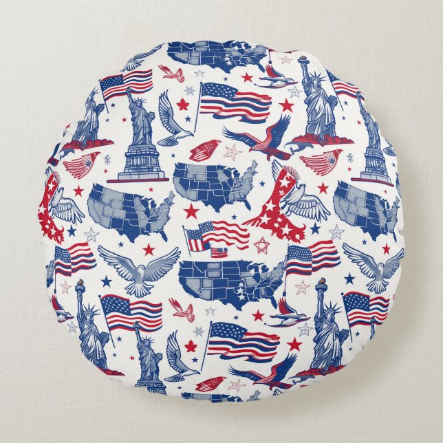 Patriotic Icons Pattern – Statue of Liberty, Flag Round Cushion (Front)