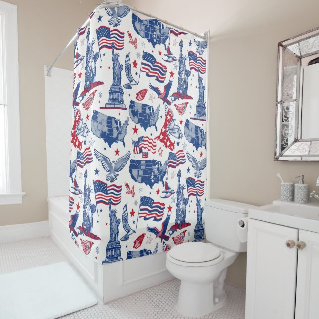 Patriotic Icons Pattern – Statue of Liberty, Flag Shower Curtain (In Situ)