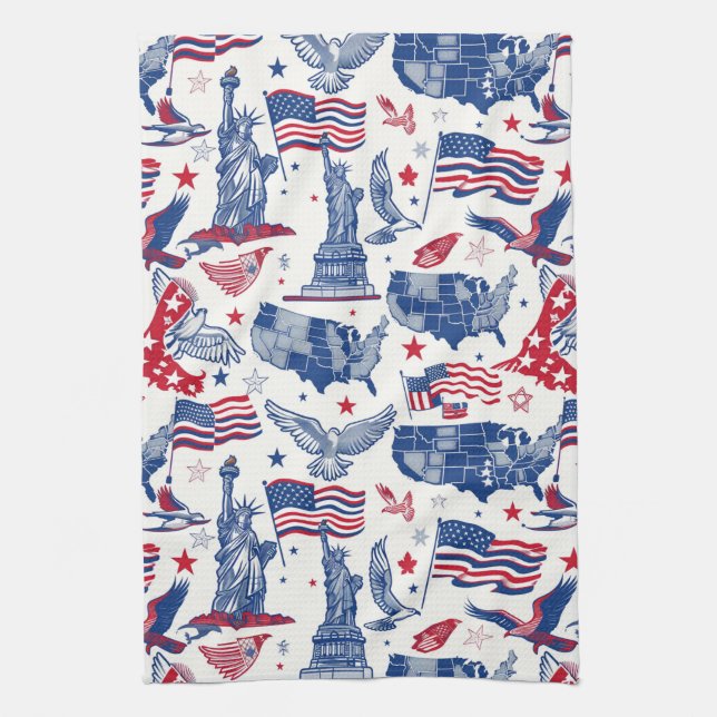 Patriotic Icons Pattern – Statue of Liberty, Flag Tea Towel (Vertical)