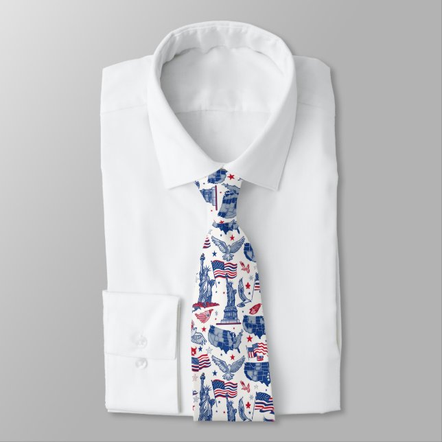 Patriotic Icons Pattern – Statue of Liberty, Flag Tie (Tied)