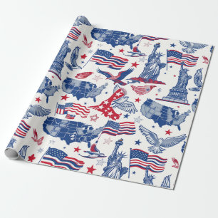 Patriotic Icons Pattern – Statue of Liberty, Flag Wrapping Paper