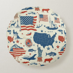 Patriotic Icons - Statue of Liberty, Flag (3) Round Cushion