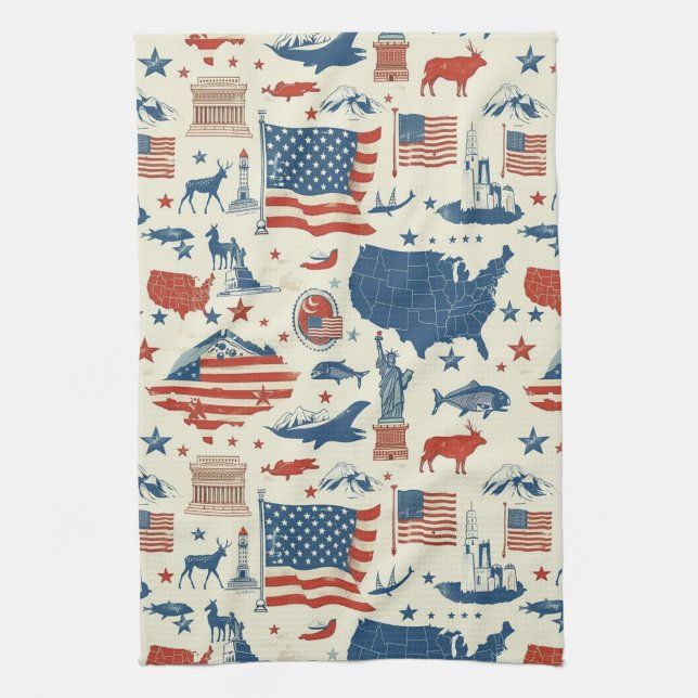 Patriotic Icons - Statue of Liberty, Flag (3) Tea Towel (Vertical)