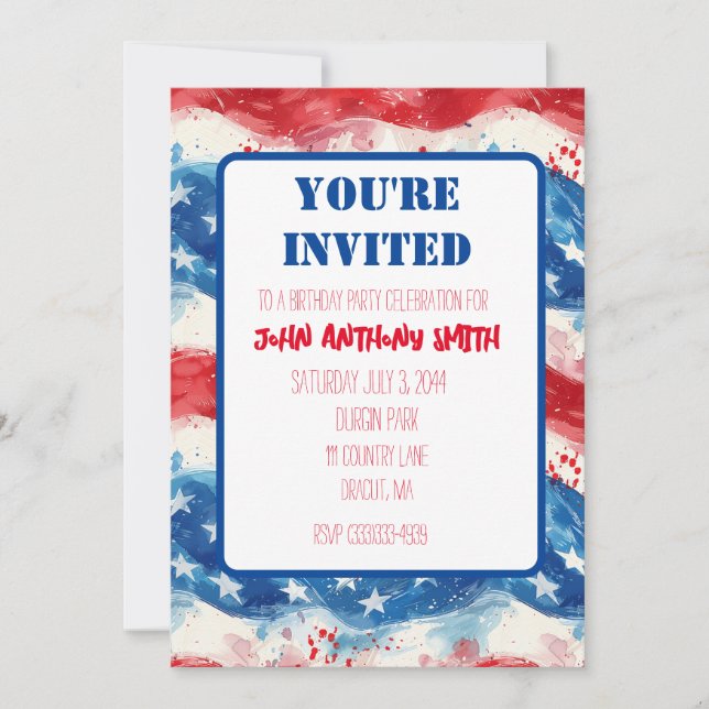 Patriotic Invitation Birthday BBQ Fourth of July  (Front)