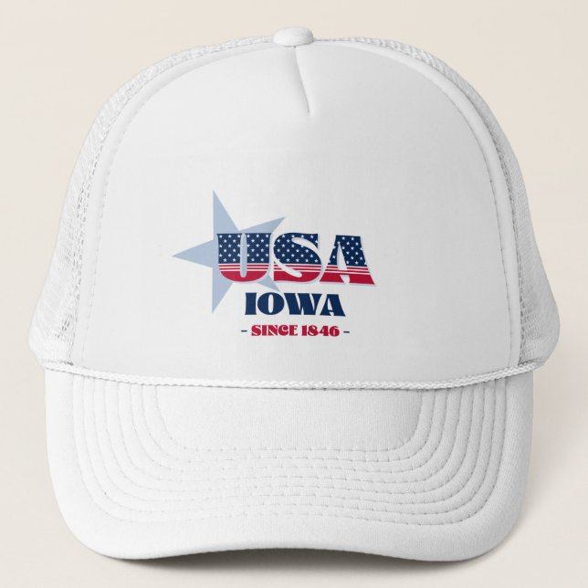 Patriotic Iowa Typography Trucker Hat (Front)