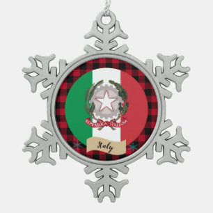 Patriotic Italy, Red buffalo plaid, Italian Flag Snowflake Pewter Christmas Ornament