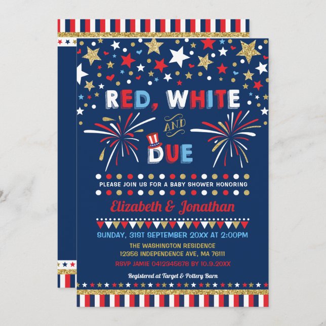 Patriotic July 4th Baby Shower Red White Due Invitation (Front/Back)