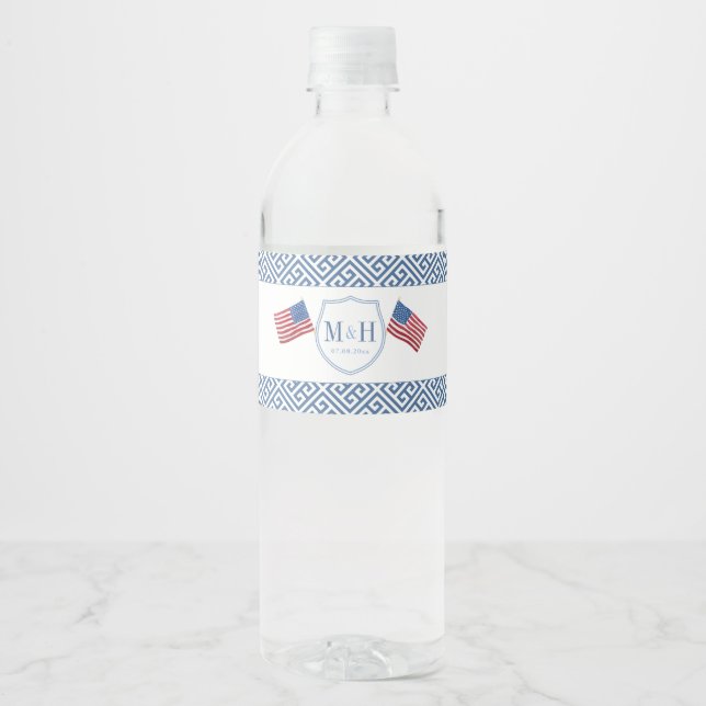 Patriotic July 4th Monogram Wedding Shower Party Water Bottle Label (Front)