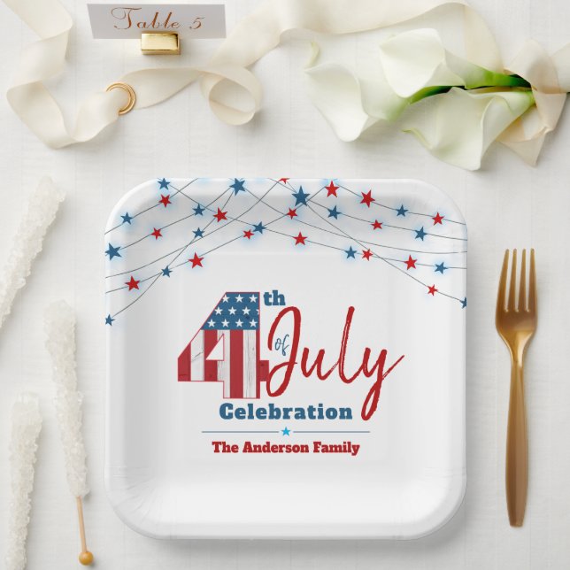 Patriotic July 4th Red White Blue USA Flag Stars Paper Plate (Wedding)