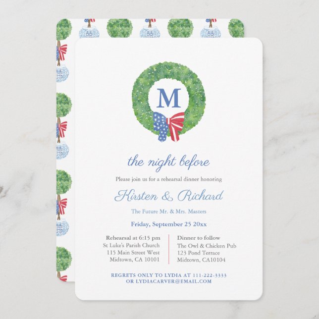 Patriotic July 4th Wreath Wedding Rehearsal Dinner Invitation (Front/Back)