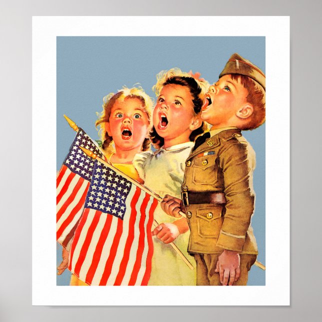 Patriotic Kids 1940s Vintage Magazine Illustration Poster (Front)
