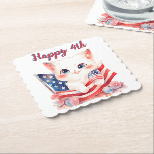 Patriotic Kitten 4th of July Happy 4th Custom Paper Coaster
