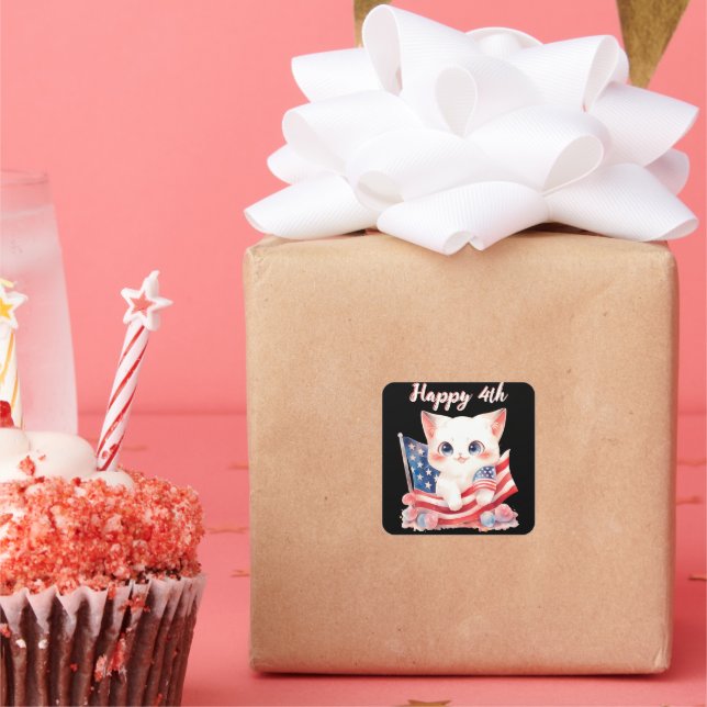 Patriotic Kitten 4th of July Happy 4th Custom Square Sticker (Party)