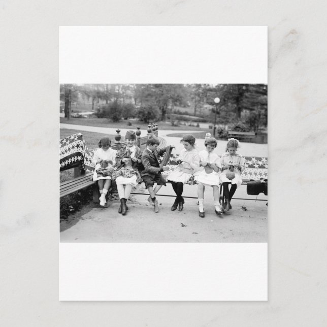 Patriotic Knitting Bee, early 1900s Postcard (Front)