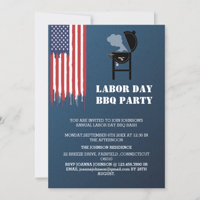 Patriotic Labour Day BBQ Party  Invitation (Front)