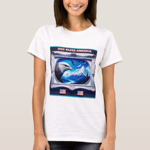 Patriotic Landscape With Bald Eagle Flags Mountain T-Shirt
