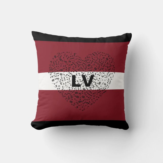 Patriotic Latvia Flag with a musical heart Cushion (Front)