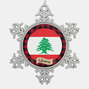 Patriotic Lebanon, buffalo plaid, Lebanese Flag Snowflake Pewter Christmas Ornament