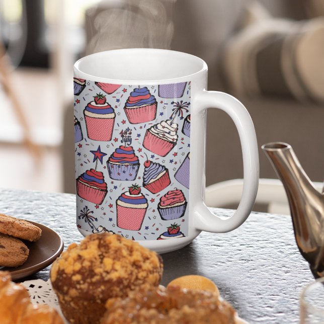 Patriotic Light Blue July 4th Hand-Drawn  Coffee Mug (Fun Hand-Drawn Red White and Blue July 4th Cupcakes with Festive Toppers, Strawberries & Cherries.)