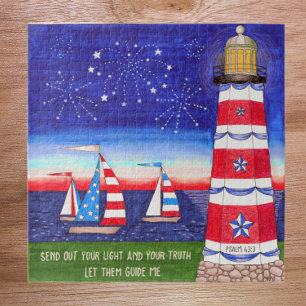 Patriotic Lighthouse and Sailboats Inspirational Jigsaw Puzzle