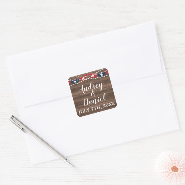 Patriotic Lights Fourth of July Banner Wedding Square Sticker (Envelope)