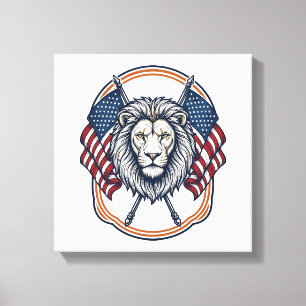 Patriotic Lion with American Flags Vintage Canvas Print