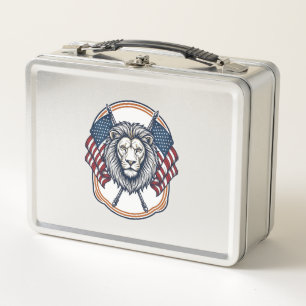 Patriotic Lion with American Flags Vintage Metal Lunch Box
