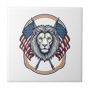 Patriotic Lion with American Flags Vintage Tile