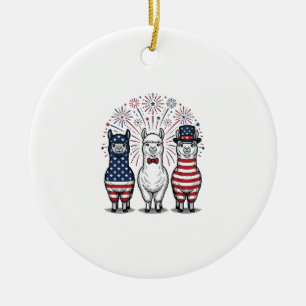 Patriotic Llama Fireworks Vintage Vector Shirt_1 Ceramic Tree Decoration