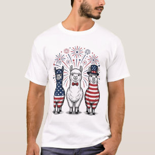 Patriotic Llama Fireworks Vintage Vector Shirt_1 T-Shirt